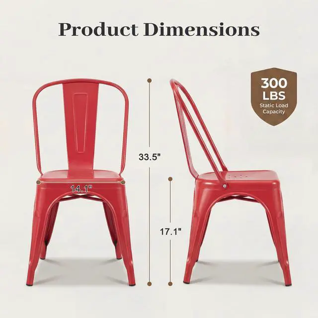 Alt view image 3 of 6 - Metal Dining Chair Stackable Indoor Outdoor Industrial Vintage Chairs Bistro Kitchen Cafe Side Chairs with Back Set of 4 (Red)