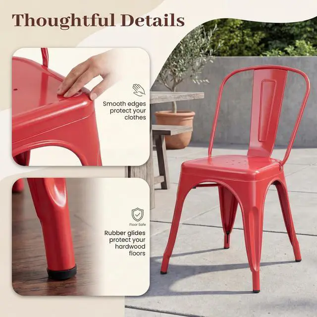 Alt view image 4 of 6 - Metal Dining Chair Stackable Indoor Outdoor Industrial Vintage Chairs Bistro Kitchen Cafe Side Chairs with Back Set of 4 (Red)