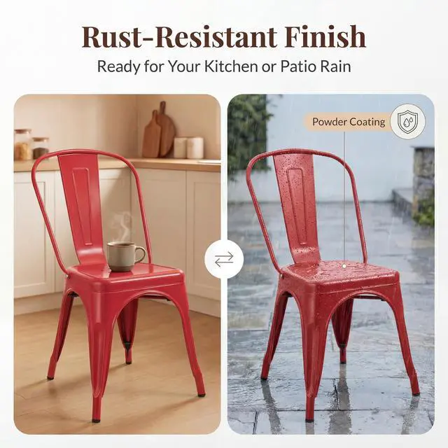 Alt view image 6 of 6 - Metal Dining Chair Stackable Indoor Outdoor Industrial Vintage Chairs Bistro Kitchen Cafe Side Chairs with Back Set of 4 (Red)
