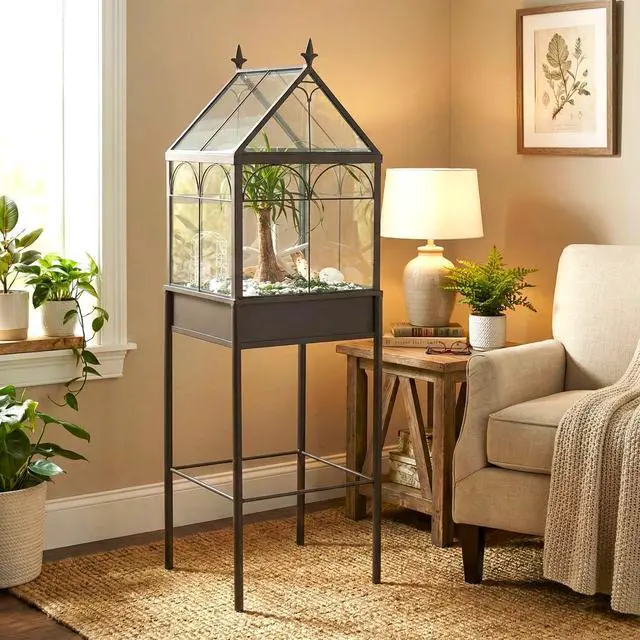 Alt view image 2 of 6 - Freestanding Glass Wardian Case Plant Stand, Large Terrarium | Handcrafted, Real Glass, Botanical Display, Houseplants, Decorative Décor