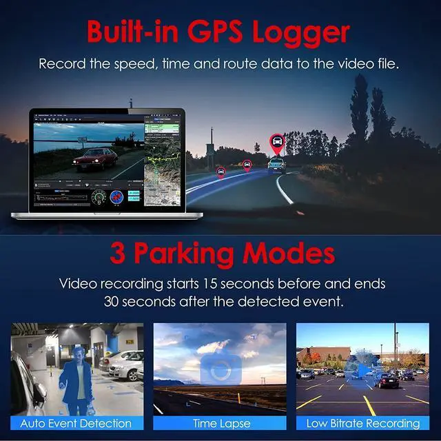Alt view image 3 of 4 - A129 Pro Duo 4K Dual Dash Cam 3840 x 2160P Ultra HD 4K Front and 1080P Rear Car WiFi Dash Camera 8MP Sensor GPS, Buffered Parking Mode, G-Sensor, Motion Detection, WDR, Loop Recording