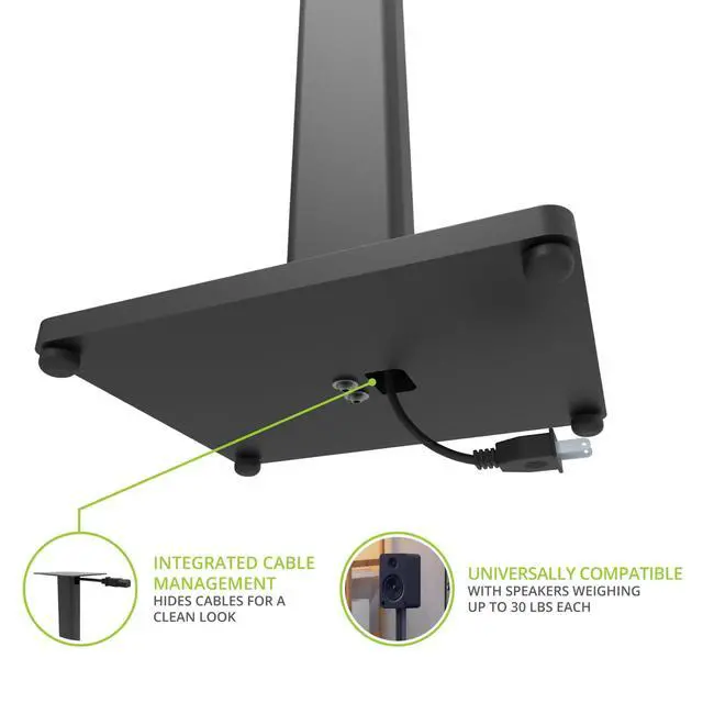 Alt view image 3 of 4 - ST28 28 Universal Floor Speaker Stands for Bookshelf Speakers up to 30 lbs | Improved Sound | Hidden Cable Management | Timeless Design, | Pair | Black Steel w/Black MDF Base