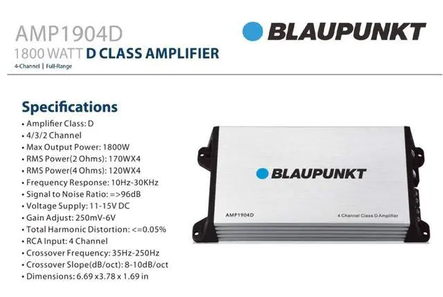 Alt view image 2 of 2 - AMP1904D Universal Car Speaker Amplifier Class D 4-Channel 1800 Watts Max Power