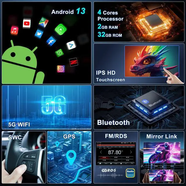 Alt view image 4 of 4 - Car Stereo Radio for Ford Ranger 1998 1999 2000 2001 2002 2003 2004 2005 2006, 7" Android 13 Car Radio Stereo Touchscreen Head Unit with Wireless CarPlay Android Auto GPS Navi Bluetooth Camera