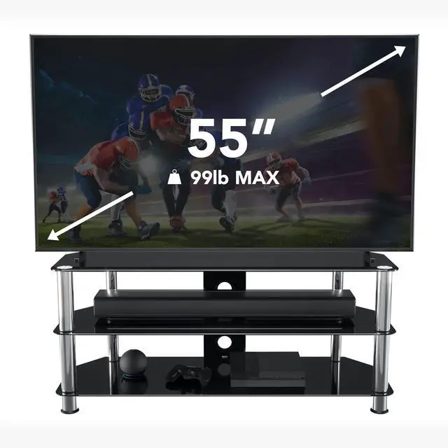 Alt view image 2 of 6 - 'SDC1140CM-A' Black Glass, Chrome Leg TV Stand with Cable Management, for TVs up to 55"