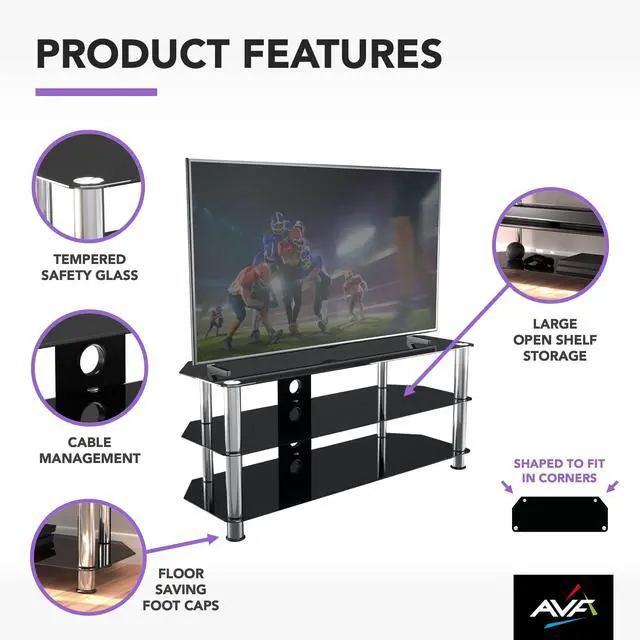 Alt view image 5 of 6 - 'SDC1140CM-A' Black Glass, Chrome Leg TV Stand with Cable Management, for TVs up to 55"