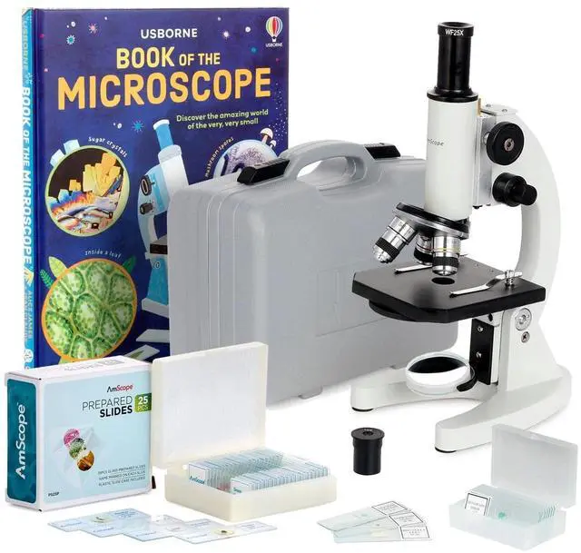 Main image of M60C-ABS-PS25-WM Beginner Microscope Kit, Mirror Illumination, WF10x and WF20x Eyepieces, 40x-1000x Magnification, Includes Case, Set of 25 Prepared Slides, and Book