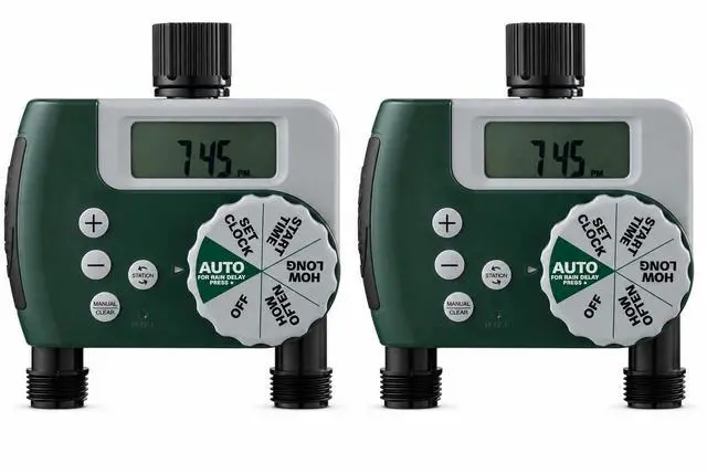 Main image of Programmable Digital Hose Watering Timer - 2 Outlet - Battery Powered - with LCD Screen - Built-in Rain Delay - Water-Resistant - 58910 (2, Green)