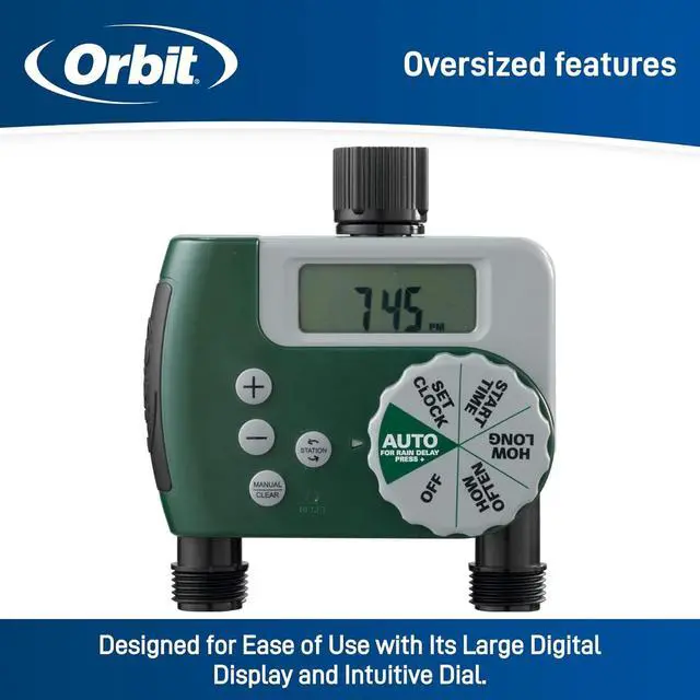 Alt view image 2 of 6 - Programmable Digital Hose Watering Timer - 2 Outlet - Battery Powered - with LCD Screen - Built-in Rain Delay - Water-Resistant - 58910 (2, Green)