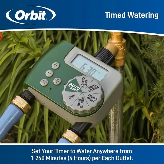 Alt view image 4 of 6 - Programmable Digital Hose Watering Timer - 2 Outlet - Battery Powered - with LCD Screen - Built-in Rain Delay - Water-Resistant - 58910 (2, Green)