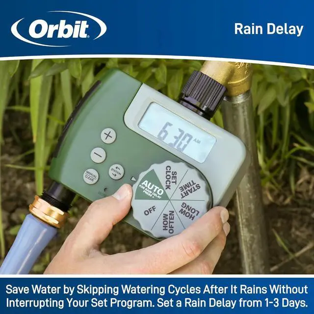 Alt view image 6 of 6 - Programmable Digital Hose Watering Timer - 2 Outlet - Battery Powered - with LCD Screen - Built-in Rain Delay - Water-Resistant - 58910 (2, Green)