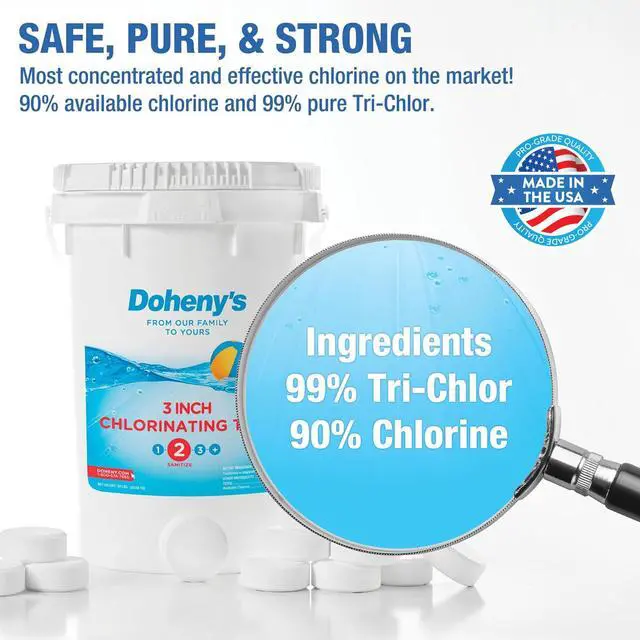 Alt view image 2 of 6 - Dohenys 3-Inch Stabilized Chlorine Tablets for Sanitizing Swimming Pools | 99% Pure Tri-Chlor, 90% Available Chlorine | Long-Lasting, UV-Protected, Slow-Dissolving | Individually Wrapped 25lb Bucket