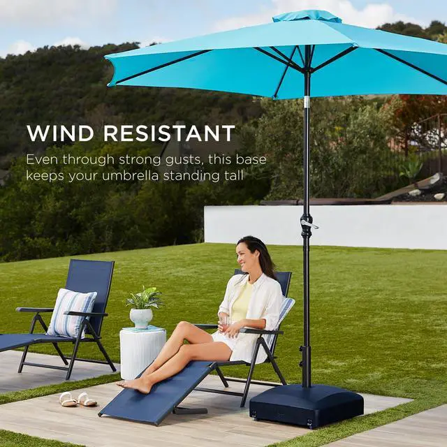Alt view image 3 of 6 - 123lb Capacity Fillable Mobile Umbrella Base Heavy Duty Market Stand for Patio, Deck, Poolside w/ 4 Wheels, 2 Locks, 2 Knobs, Wind-Resistant Design - Navy Blue