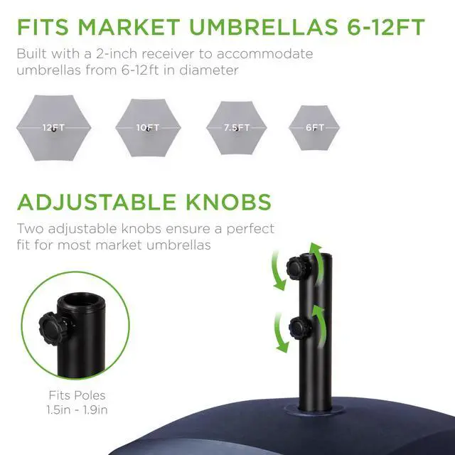 Alt view image 6 of 6 - 123lb Capacity Fillable Mobile Umbrella Base Heavy Duty Market Stand for Patio, Deck, Poolside w/ 4 Wheels, 2 Locks, 2 Knobs, Wind-Resistant Design - Navy Blue