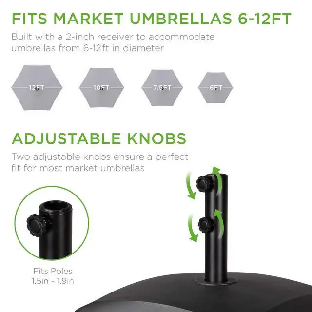 Alt view image 6 of 6 - 123lb Capacity Fillable Mobile Umbrella Base Heavy Duty Market Stand for Patio, Deck, Poolside w/ 4 Wheels, 2 Locks, 2 Knobs, Wind-Resistant Design - Black