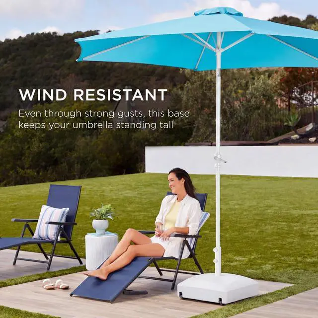 Alt view image 3 of 6 - 123lb Capacity Fillable Mobile Umbrella Base Heavy Duty Market Stand for Patio, Deck, Poolside w/ 4 Wheels, 2 Locks, 2 Knobs, Wind-Resistant Design - White
