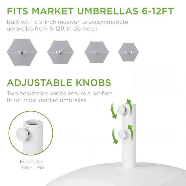 Alt view image 6 of 6 - 123lb Capacity Fillable Mobile Umbrella Base Heavy Duty Market Stand for Patio, Deck, Poolside w/ 4 Wheels, 2 Locks, 2 Knobs, Wind-Resistant Design - White
