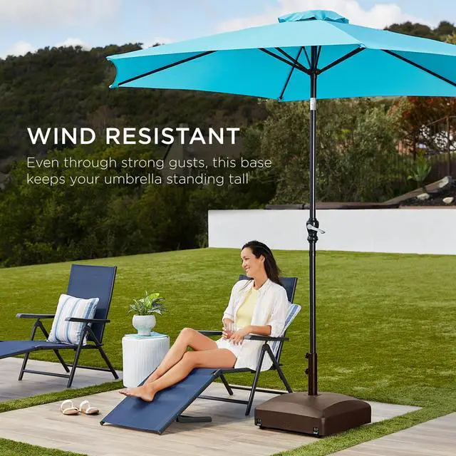 Alt view image 3 of 6 - 123lb Capacity Fillable Mobile Umbrella Base Heavy Duty Market Stand for Patio, Deck, Poolside w/ 4 Wheels, 2 Locks, 2 Knobs, Wind-Resistant Design - Bronze