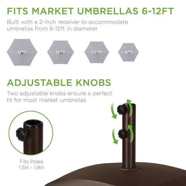 Alt view image 6 of 6 - 123lb Capacity Fillable Mobile Umbrella Base Heavy Duty Market Stand for Patio, Deck, Poolside w/ 4 Wheels, 2 Locks, 2 Knobs, Wind-Resistant Design - Bronze