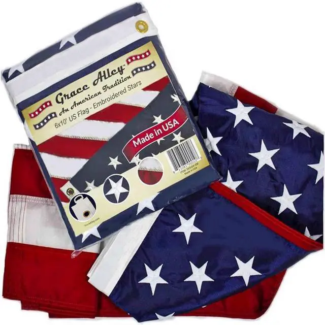 Main image of American Flag, Made in USA, Embroidered Stars, Sewn Stripes and Brass Grommets. Fade Resistant, Heavy Duty, Long Lasting Nylon for Outdoor Durability (6x10 ft)