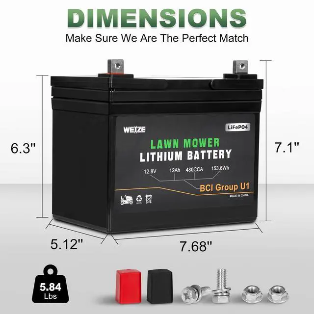 Alt view image 4 of 6 - 12.8V 12Ah Lithium Battery for Lawn Mower and Tractor, 480CCA BCI Group U1 LiFePO4 Batteries, Compatible with John Deere, Toro, Cub Cadet, and Craftsman