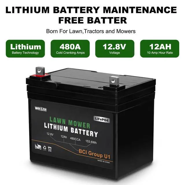 Alt view image 5 of 6 - 12.8V 12Ah Lithium Battery for Lawn Mower and Tractor, 480CCA BCI Group U1 LiFePO4 Batteries, Compatible with John Deere, Toro, Cub Cadet, and Craftsman