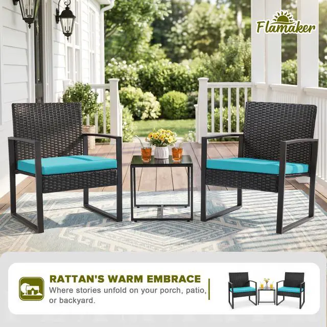 Alt view image 2 of 6 - Patio Set Outdoor Wicker Furniture, Modern Bistro Set with Rattan Chair and Coffee Table for Yard (Blue)