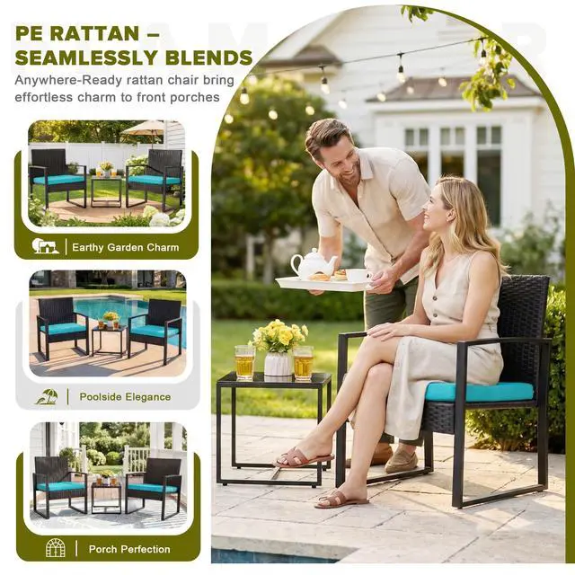 Alt view image 3 of 6 - Patio Set Outdoor Wicker Furniture, Modern Bistro Set with Rattan Chair and Coffee Table for Yard (Blue)