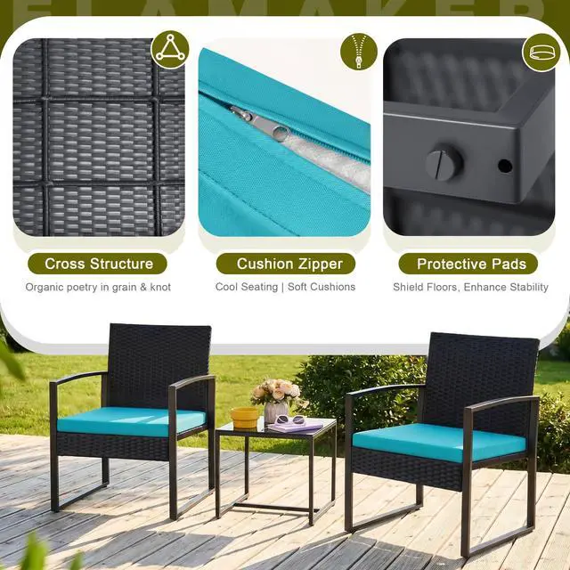 Alt view image 5 of 6 - Patio Set Outdoor Wicker Furniture, Modern Bistro Set with Rattan Chair and Coffee Table for Yard (Blue)