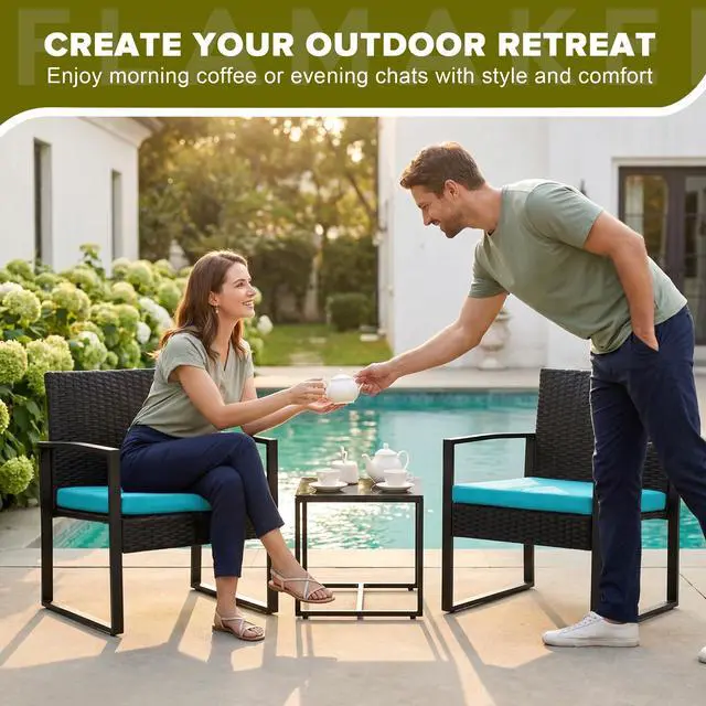 Alt view image 6 of 6 - Patio Set Outdoor Wicker Furniture, Modern Bistro Set with Rattan Chair and Coffee Table for Yard (Blue)