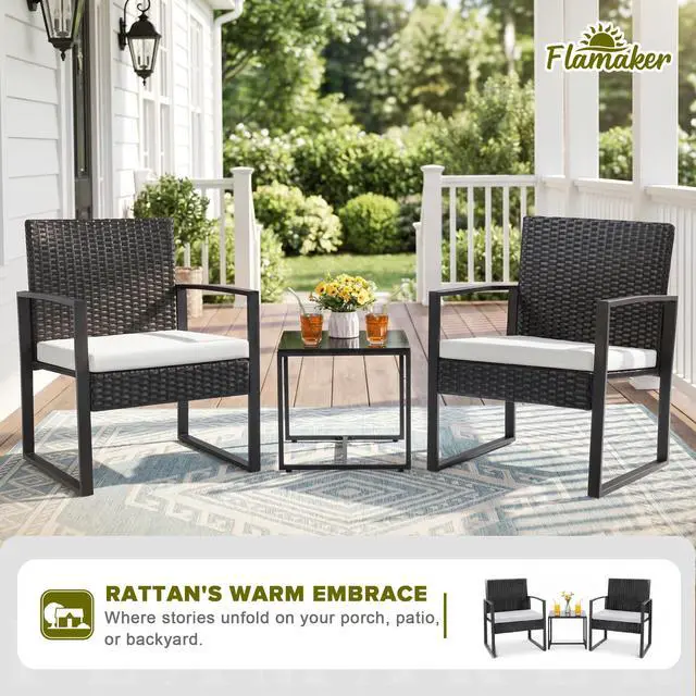Alt view image 2 of 6 - 3 Pieces Patio Furniture Outdoor Wicker Modern Rattan Chair Conversation Sets with Coffee Table for Yard, Bistro(White)