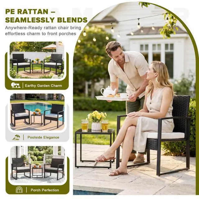 Alt view image 3 of 6 - 3 Pieces Patio Furniture Outdoor Wicker Modern Rattan Chair Conversation Sets with Coffee Table for Yard, Bistro(White)