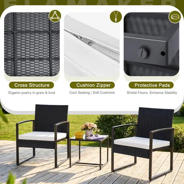 Alt view image 5 of 6 - 3 Pieces Patio Furniture Outdoor Wicker Modern Rattan Chair Conversation Sets with Coffee Table for Yard, Bistro(White)