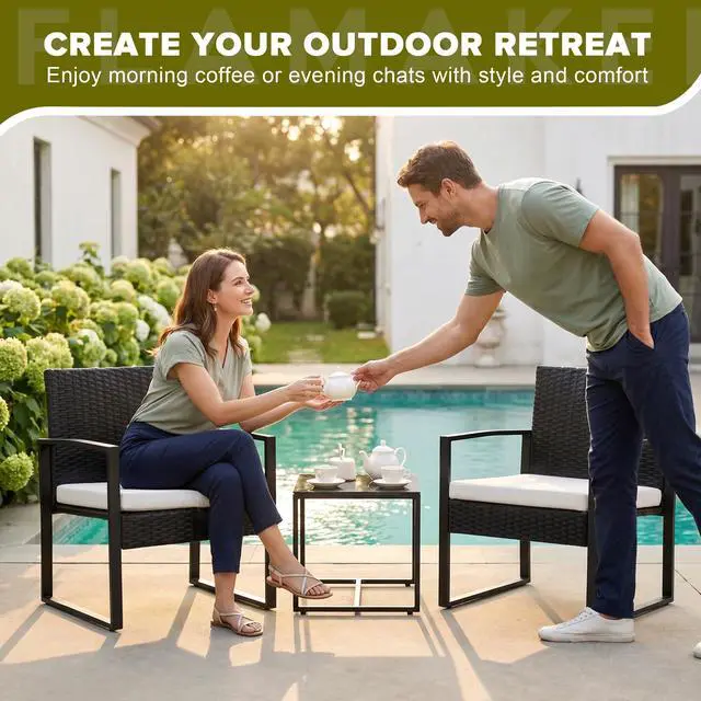 Alt view image 6 of 6 - 3 Pieces Patio Furniture Outdoor Wicker Modern Rattan Chair Conversation Sets with Coffee Table for Yard, Bistro(White)