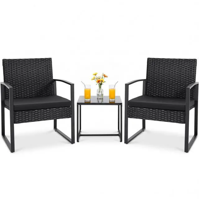 Main image of 3 Pieces Outdoor Patio Wicker Furniture Set, Modern Rattan Chair Conversation Sets with Coffee Table for Yard and Bistro (Black)