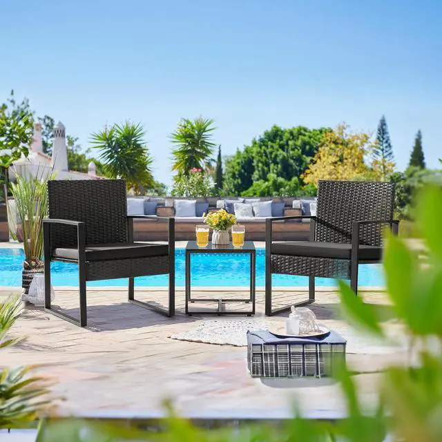 Alt view image 4 of 6 - 3 Pieces Outdoor Patio Wicker Furniture Set, Modern Rattan Chair Conversation Sets with Coffee Table for Yard and Bistro (Black)