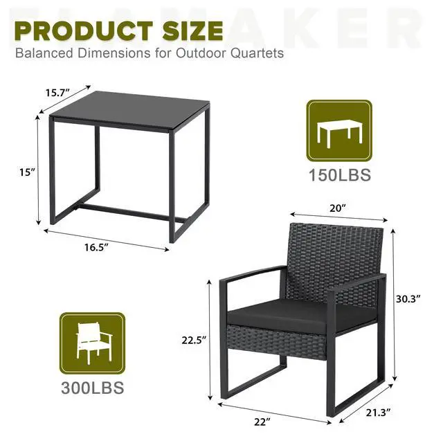 Alt view image 5 of 6 - 3 Pieces Outdoor Patio Wicker Furniture Set, Modern Rattan Chair Conversation Sets with Coffee Table for Yard and Bistro (Black)