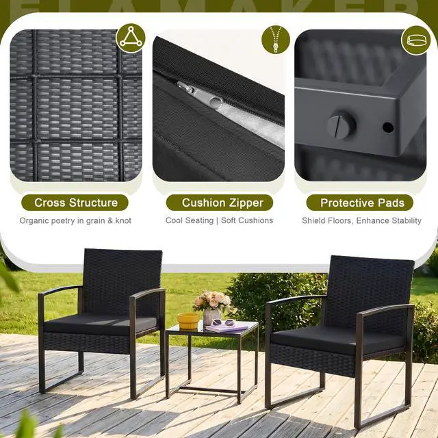 Alt view image 6 of 6 - 3 Pieces Outdoor Patio Wicker Furniture Set, Modern Rattan Chair Conversation Sets with Coffee Table for Yard and Bistro (Black)