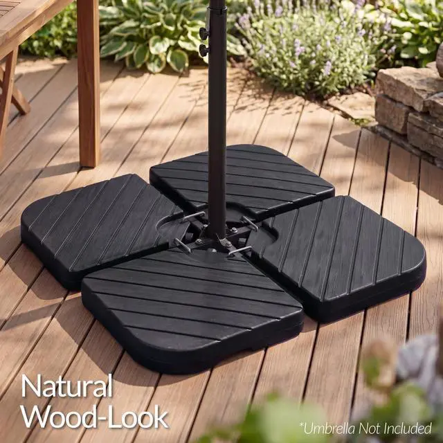 Alt view image 3 of 6 - 4-Piece Cantilever Offset Patio Umbrella Base Weight Set, Heavy-Duty Fillable Stand Plates for Water or Sand, Easy-Fill Spouts, Wood Grain Finish - Black