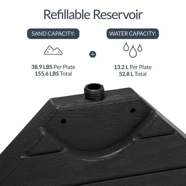 Alt view image 4 of 6 - 4-Piece Cantilever Offset Patio Umbrella Base Weight Set, Heavy-Duty Fillable Stand Plates for Water or Sand, Easy-Fill Spouts, Wood Grain Finish - Black