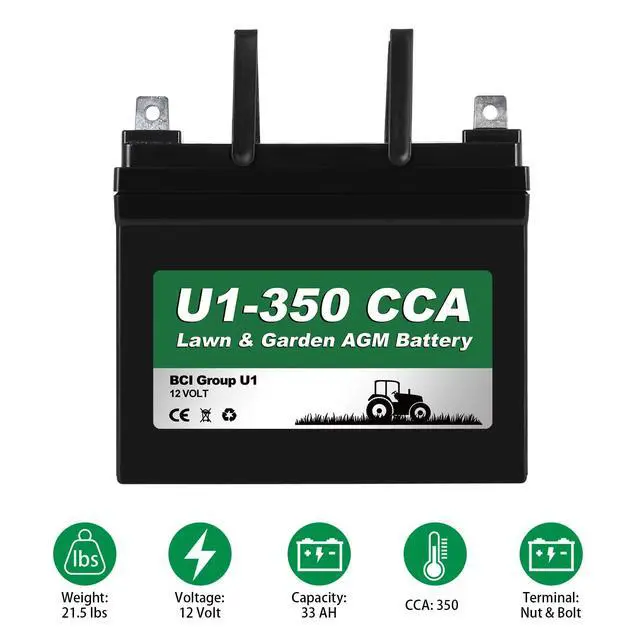 Alt view image 2 of 6 - Lawn Garden AGM Battery, 12V 350CCA BCI Group U1 SLA Starting Battery for Lawn, Tractors and Mowers, Compatible with John Deere, Toro, Cub Cadet, and Craftsman