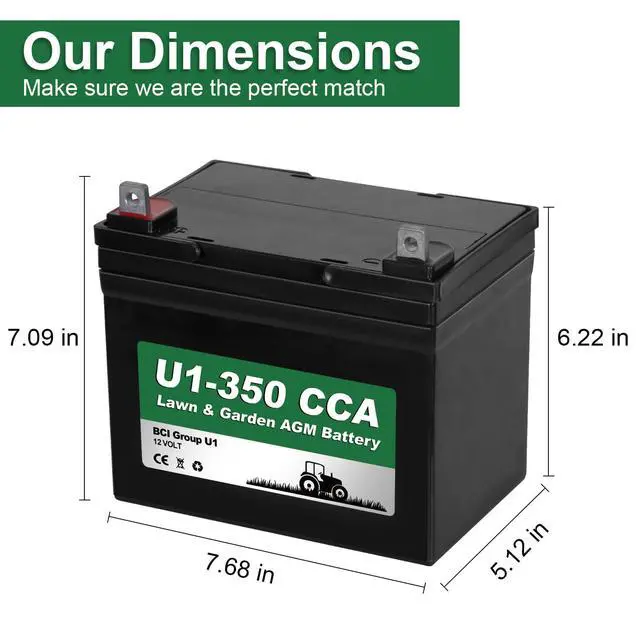 Alt view image 3 of 6 - Lawn Garden AGM Battery, 12V 350CCA BCI Group U1 SLA Starting Battery for Lawn, Tractors and Mowers, Compatible with John Deere, Toro, Cub Cadet, and Craftsman