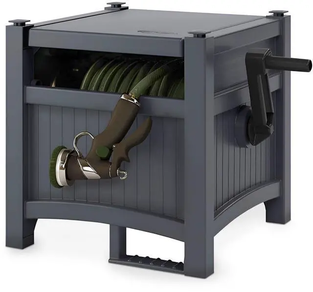 Main image of Garden Hose Hideaway Storage Reel Box, Cyberspace Grey Resin Outdoor Container, Holds up to 100 Feet of 5/8 Inch Standard Vinyl Water Line No Assembly Required