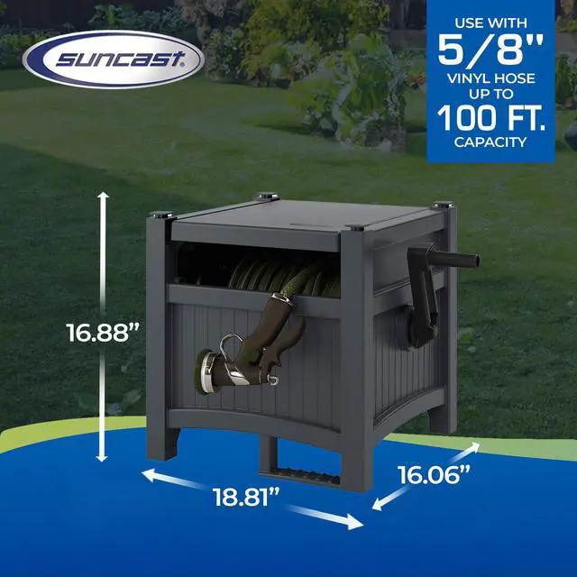 Alt view image 2 of 6 - Garden Hose Hideaway Storage Reel Box, Cyberspace Grey Resin Outdoor Container, Holds up to 100 Feet of 5/8 Inch Standard Vinyl Water Line No Assembly Required