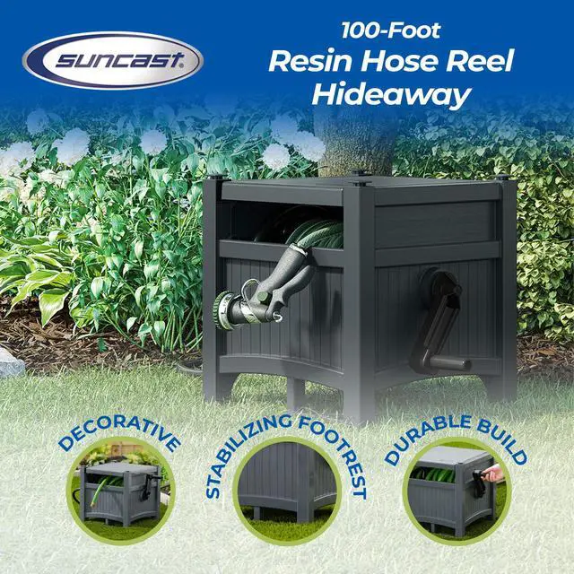 Alt view image 3 of 6 - Garden Hose Hideaway Storage Reel Box, Cyberspace Grey Resin Outdoor Container, Holds up to 100 Feet of 5/8 Inch Standard Vinyl Water Line No Assembly Required