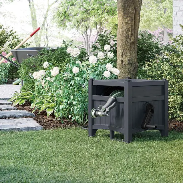 Alt view image 4 of 6 - Garden Hose Hideaway Storage Reel Box, Cyberspace Grey Resin Outdoor Container, Holds up to 100 Feet of 5/8 Inch Standard Vinyl Water Line No Assembly Required