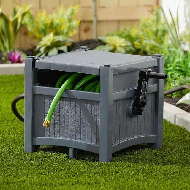 Alt view image 5 of 6 - Garden Hose Hideaway Storage Reel Box, Cyberspace Grey Resin Outdoor Container, Holds up to 100 Feet of 5/8 Inch Standard Vinyl Water Line No Assembly Required