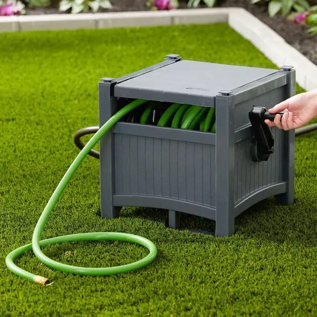 Alt view image 6 of 6 - Garden Hose Hideaway Storage Reel Box, Cyberspace Grey Resin Outdoor Container, Holds up to 100 Feet of 5/8 Inch Standard Vinyl Water Line No Assembly Required