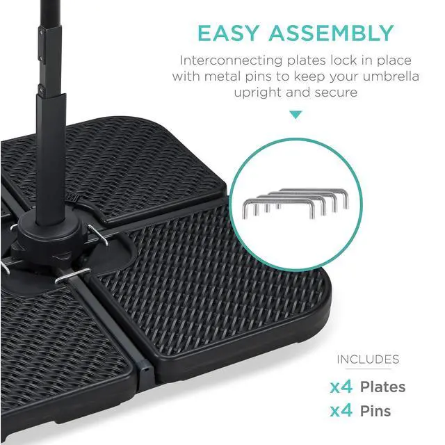 Alt view image 4 of 6 - 4-Piece 174lb Capacity Faux Wicker Cantilever Offset Patio Umbrella Stand Heavy-Duty Square Plate Set w/ Easy-Fill Spouts for Water or Sand