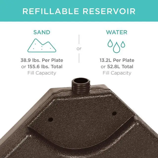 Alt view image 2 of 6 - 4-Piece 155lb Capacity Heavy-Duty Cantilever Offset Patio Umbrella Stand Square Base Plate Set w/ Easy-Fill Spouts for Water or Sand - Brown